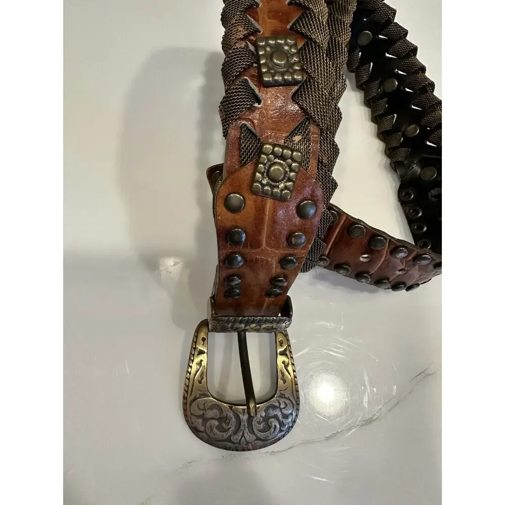 Women's Medium Leather & Brass Belt 30” Total Length Braided Fabric Western Boho